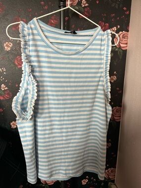 J. Crew Blue and White Striped Ruffle-Trim Tank